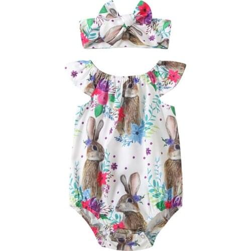 Newborn Baby Easter Rabbit Print Clothes Set Cotton Bodysuits Girls Flying Sleeve Round Collar Jumpsuit with Buttons + Headband