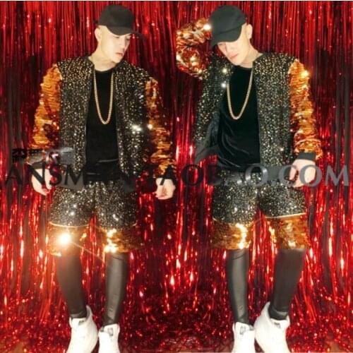 New Men Personality Costume Suit Nightclub Bar Male Singer Dj Black Gold Sequin Hip Hop Baseball Uniform Fashion Jacket Coat