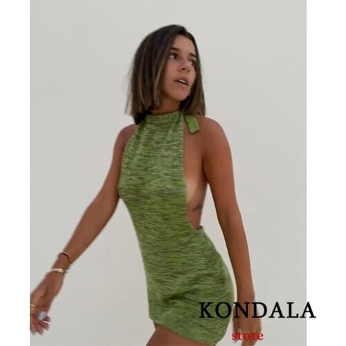 KONDALA Women Za Moss Green Sexy Knit Dress 2021 Summer Holiday Beach Elasticity Mini Dress Elegant Streetwear Mujer Vestidos