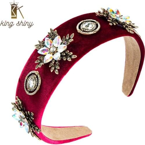 King Shiny Baroque Metal Flower Headband for Woman Luxury Multi Color Crystal Beaded Velvet Hairband Girls Party Jewelry Crowns