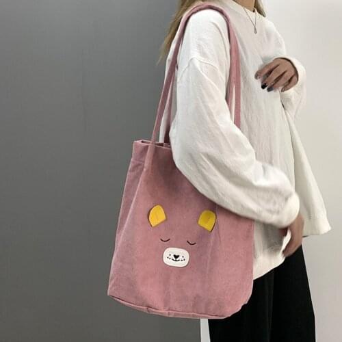 Cute zipper handbag female cartoon Shoulder Bag corduroy student portable class bags shopping totes