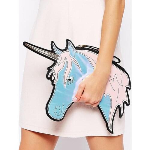 Fashion brand personality unique design laser cute unicorn diamond shape envelope package Clutch handbags wallet purse