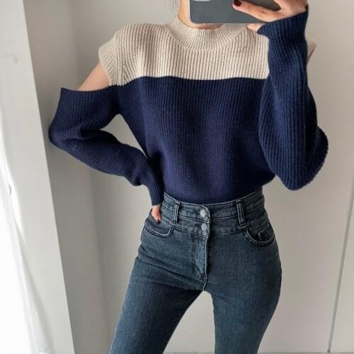 Autumn Winter Knitted Hit The Color Sweater Women Casual Off Shoulder Pullovers Sweaters Loose Warm Jumper Streetwear Knitwear
