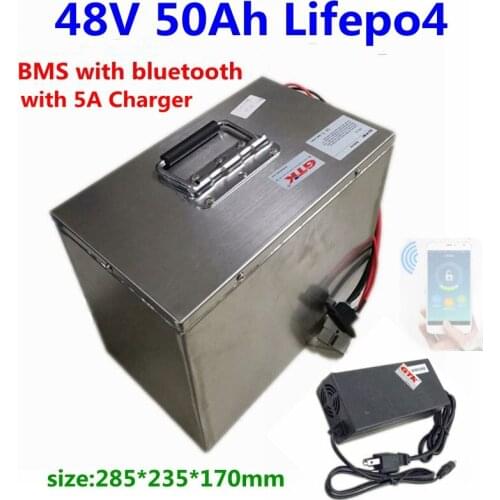 Waterproof Lifepo4 48V 50Ah Lithium battery pack BMS with bluetooth function for ebike scooter motorcycle solar RV+5A charger
