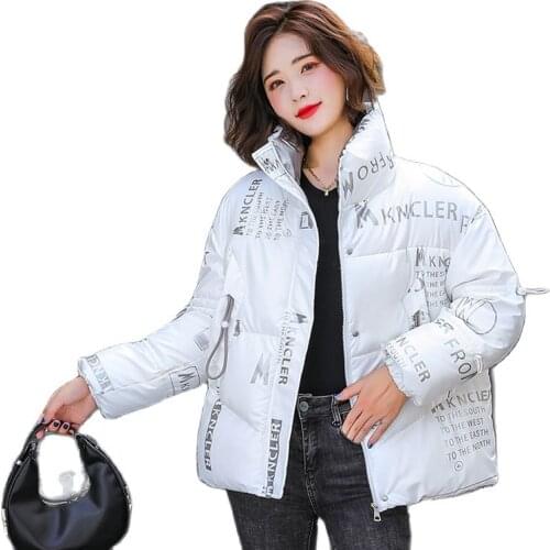 Women Winter Short Stand Collar Letters Glossy Waterproof Big Pocket Bubble Coat Puffer Jacket Cotton Padded Parkas Warm Outwear