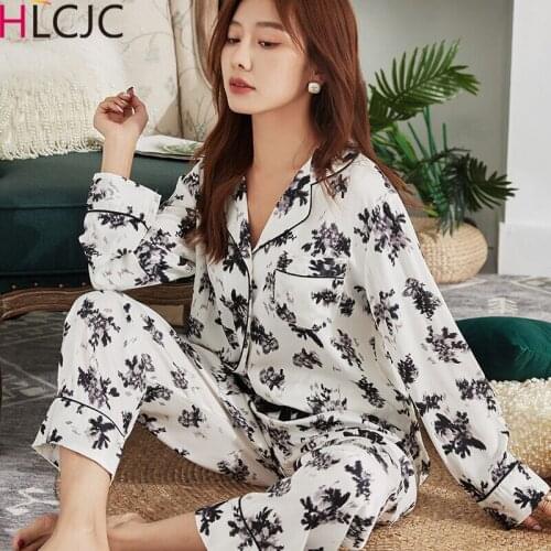 Women Faux Silk Pajama Sets Satin Pyjama Femme Sleepwear Long Sleeve Ink Printing Pajamas for Girl Nightwear New 2021 Pijamas