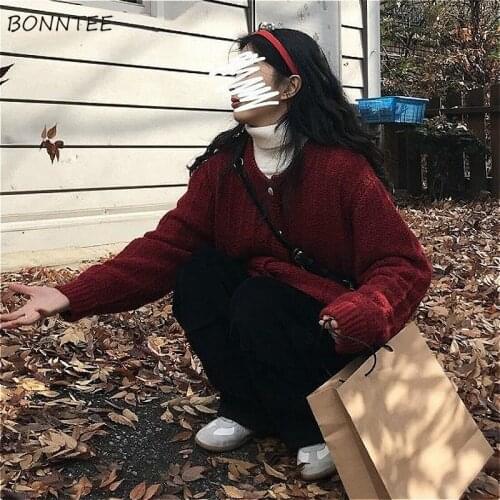 Sweater Women Cardigan BF O-Neck Student Solid Trendy Single Breasted Warm Pockets Knitting Harajuku Simple Oversized Streetwear