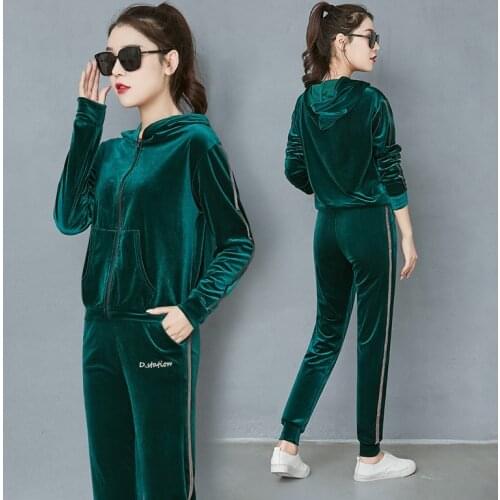 2 Piece Set Fashion Women Tracksuits Long Sleeve Zipper Hooded Loose Clothing Running fitness clothes Casual Velvet Trackpants