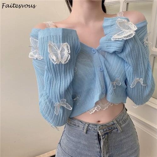 Butterfly Knit Cardigans Women Korean Sexy V-Neck Fitness Crop Tops Ladies Summer Thin Long Sleeved Sunscreen Jackets