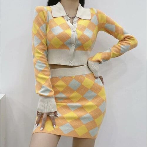 Women Autumn Short Skirt Top Suit 2021 Knitted Long-sleeved Lapel Sweater Slim Short Knitted Dress Sets Leisure Sexy Skirt Suit