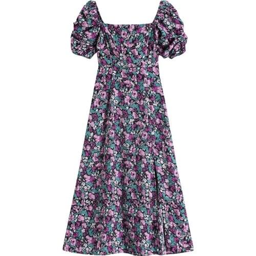 Summer Dresses Women French Style Elegant Retro Casual Lady Temperament Puff Collar Square Neck Puff Sleeve Floral Dress