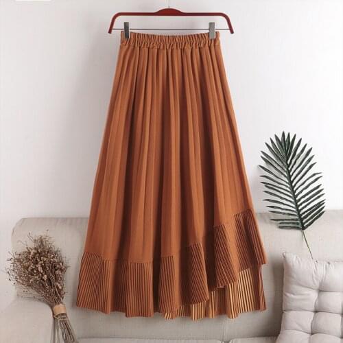 Elastic Waist Stitching Asymmetric Pleated Skirt Womens Autumn And Winter New High Waist Show Thin Skirt