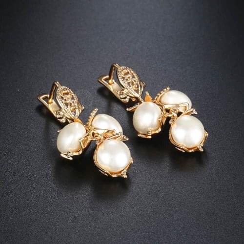 Davieslee White Pearl Dangle Earrings for Women Leaf Beaded 585 Rose Gold Filled Womens Earring Fashion Jewelry Gifts DGE110