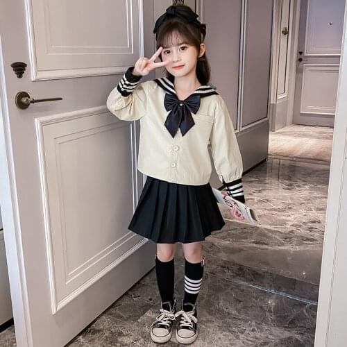 Preppy Style Kids Girls Long Sleeve T-shirt Mini Pleated Skirt 2PCS Teenager Children Spring Autumn Student Costume