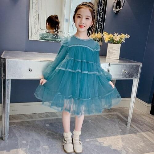Long sleeve Children Dress 2021 Summer Solid Mesh Dresses For Girls Wedding Dress Elegant Princess Dress Vestidos 4-12 Year Old