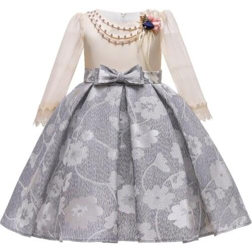 Long sleeve bow print flower dress for Childrens Jacquard temperament Princess suit host evening performance dress