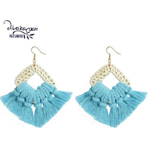 Dvacaman Rainbow Macrame Tassel Earrings Bohemian Handmade Wooden Rattan Cotton Thread Fringed Earrings Statement Female Jewelry