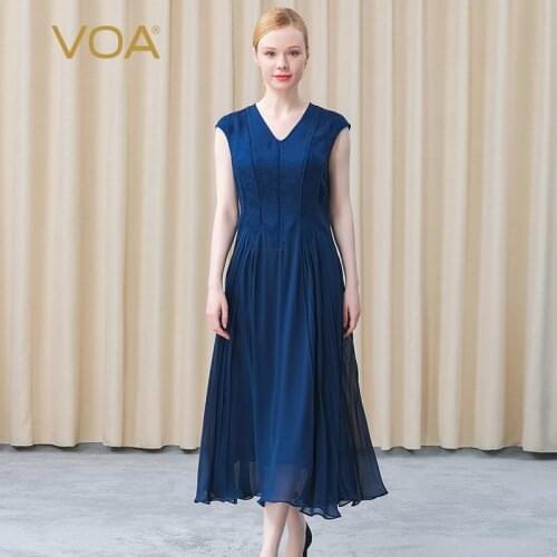 VOA Heavyweight 38M/m Silk Dark Blue Navy Jacquard Elegant and Atmospheric Georgi Pleated dresses for women AE737