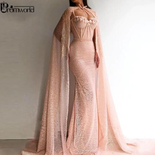 Elegant Mermaid Evening Dress with Cape Sequined Sweetheart Beading Flowers Pink 2020 Prom Dresses Long Arabic Formal Gowns
