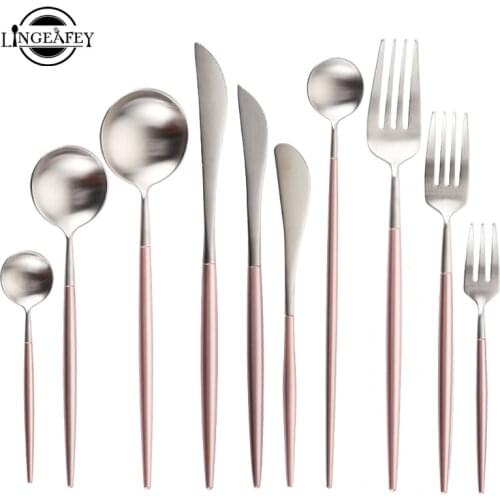 Hot Sale Steel Cutlery Set Pink Silver Dinnerware Teaspoons Dessert Forks Spoons Butter Knives Chopstick Dinner Set Drop ship