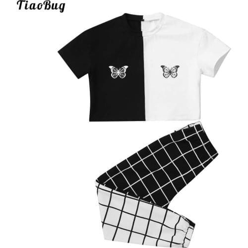 TiaoBug Kids Girls Clothes Set Short Sleeve Round Neckline Butterfly Print Crop Top With Elastic Waistband Grid Trousers Sets