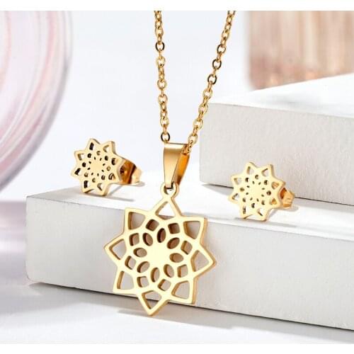 New Flower Pendant Chain Necklace Earrings Dubai Bridal Wedding Jewelry Set woman Stainless Steel Gold Fashion Jewelry Set 2020