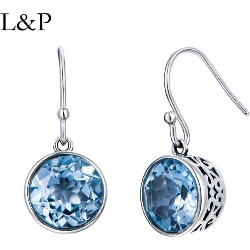 L&P Fashion Sea Blue Topaz Drop Earrings For Lady Authentic 925 Sterling Silver Hollow Earrings Fine Jewelry Wedding Gift
