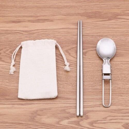 150mm Stainless Steel Durable Foldable Camping Spoon Fork Chopsticks Flatware Utensil Set+Bag Tableware Using To Eat