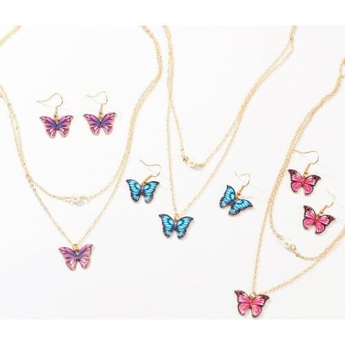 DoreenBeads Fashion Jewelry Necklace Earrings Set For Women Gold Pink Butterfly Animal 38cm long, 3cm x 2.2cm, 1Set ( 2 PCs/Set)