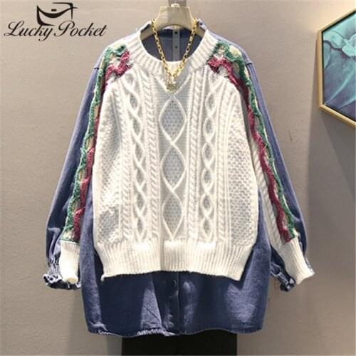 New Women Autumn Winter Slim White Patchwork Denim Sweaters Ladies Fashion Plus Size Pullovers Female Brand Casual Tops ZM772