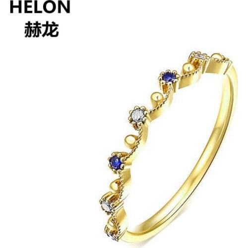 Solid 10k Yellow Gold Engagement Ring for Women 100% Natural Blue Sapphires Rinig Wedding Band Vintage Fine Jewelry