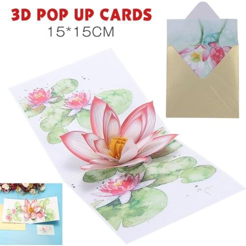 15x15cm 3D Pop-up Lotus Flower Card Birthday Valentine Anniversary Greeting Invitations Cards Postcards Gifts