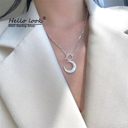 HelloLook 925 Sterling Shiny Frosted Moon Clavicle Chain Necklace Chic Trendy Women Chain Necklace Wedding Party Jewelry
