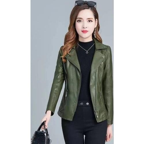 PU Leather Coats For Women Jacket With Zipper Casaco Feminino Korean Style Green Black Spring Autumn Motorcycle Coat Female