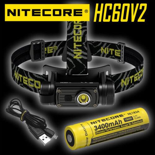 NITECORE HC60 V2 USB-C Rechargeable Headlamp 1200 Lumens Angle Headlight Flashlight with 3400mAh 18650 Battery