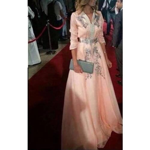 Peach Muslim Evening Dresses Chiffon Full Sleeve Applique Crystals Islamic Dubai Kaftan Saudi Arabic Evening Gown Prom Dress