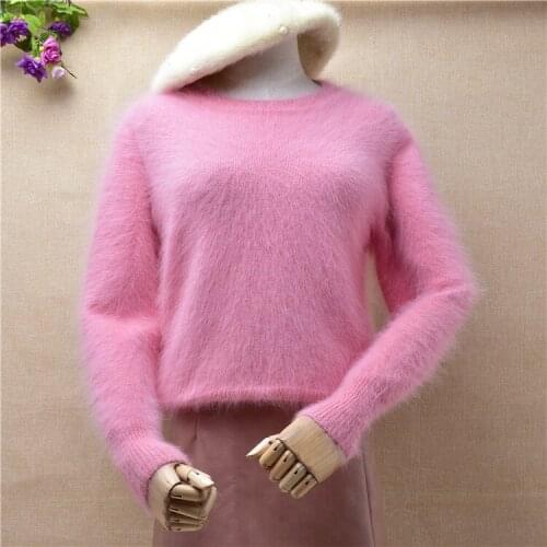 Ladies women sweet pink hairy mink cashmere o-neck short style slim pullover angora rabbit fur winter jumper sweater tops blouse