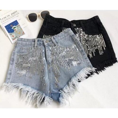 Womens Denim Sequins Jeans Shorts Summer Sexy Booty Shorts Sequined High Waists Fringe Casual Fashion Wide Leg Short Pants