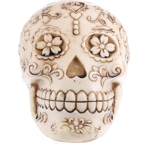 Moquerry Resin Human Skull Statues Decorative Flower Tattoo Skull Skeleton Sculptures Handicraft Home Decoration Art Halloween