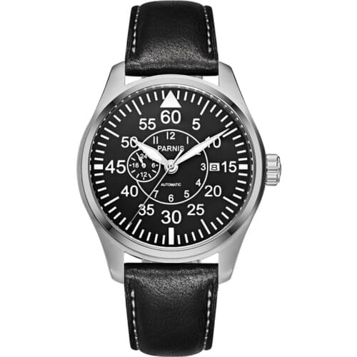Parnis Pilot IIN Seriers Luminous Mens Leather Watchband Fashion Automatic Self-Wind Mechanical Watch Wristwatch