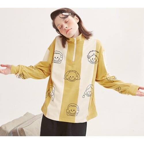 2019 Spring New Design Women Pullover Sweatshirts Long Sleeve Yellow White Stripe Cartoon Print Zipper Femme Hoodies