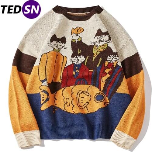 2020 Harajuku Oversized Sweater Pullover Mens Graffiti Knitted Sweater Hip Hop Streetwear Retro 2020 Fall Winter Mens Sweater