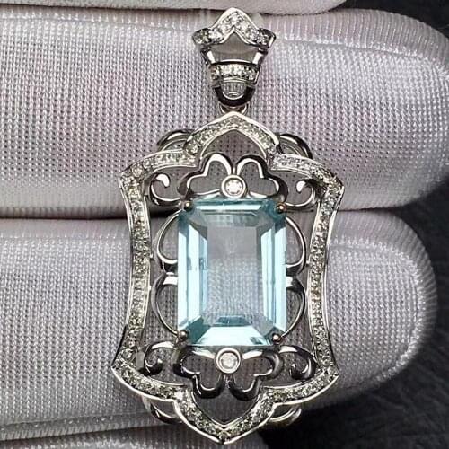 Fine Jewelry Real 18K White Gold AU750 Natural Blue Aquamarine 3.5ct Gemstones Diamonds Ladys Pendants for Women Fine Necklace