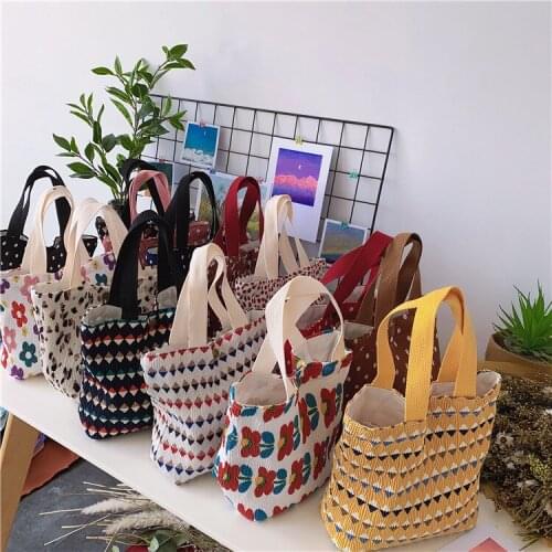 Women Handbags Tote Flower Printing Canvas Picnic Lunch Bags Korea Lovely Lunch Kit for Girls Casual Small Cloth Shoulder Bags