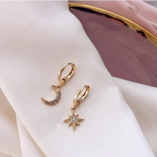 925 Sterling Silver Shiny CZ Star Moon Asymmetric Hoop Earrings for Women Girls Gold Silver Color Party Jewelry Gifts S-E1360