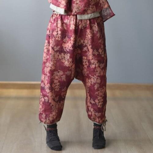 Johnature Women Vintage Print Floral Wide Leg Pants Linen Elastic Waist 2021 New Summer Pockets Female Loose Harem Pants
