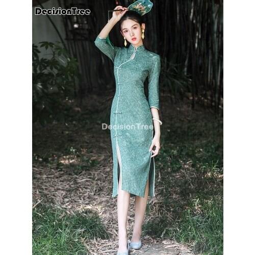 2021 chinese dress women cheongsam chinese traditional print dresses mandarin collar long qipao vestidos cotton cheongsam dress