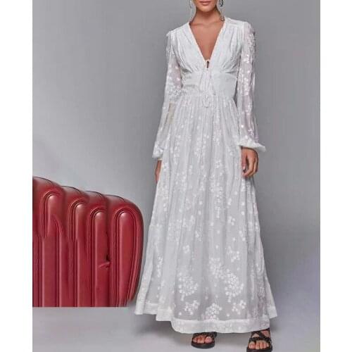 New White Color Embroidery Women Long Dresses Sexy V-Neck Summer Casual Elegant Lady Ball Gown Prom Dress Vestidos