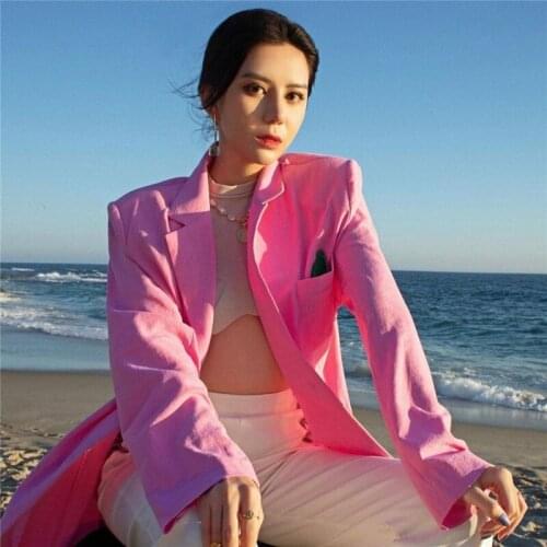 Women coat Elegant Single Breasted Pocket female Leather Jacket Women Streetwear harajuku Slim Office Pure Pink Suit Overcoat