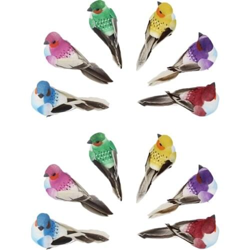 12 Pieces Multicolored Artificial Feathered Foam Birds, DIY Crafts Ornament, for Tree / Plants / Bonsai Decoration